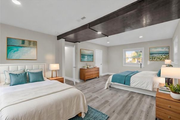 Bedroom, Interior, Recessed Lighting, Wooden Beams, Wood Texture Flooring