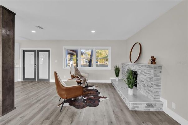 Fireplace, Interior, Recessed Lighting, Wood Texture Flooring