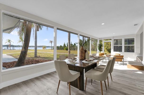 Dining room, Interior, Recessed Lighting, Water, Wood Texture Flooring