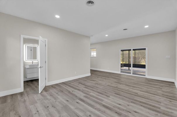 Bathroom, Empty room, Interior, Recessed Lighting, Wood Texture Flooring