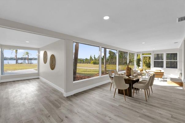 Dining room, Interior, Recessed Lighting, Wood Texture Flooring