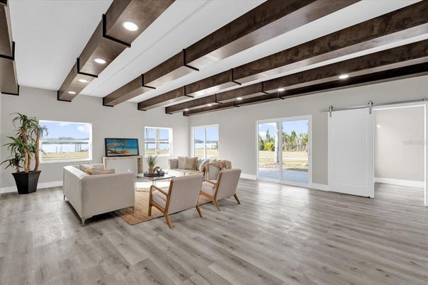 Interior, Living room, Recessed Lighting, Wooden Beams, Wood Texture Flooring