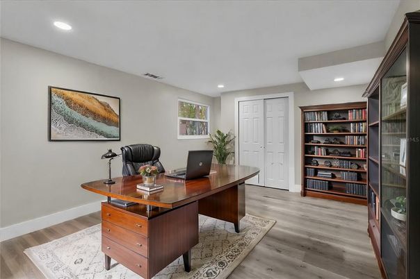 Home Office, Interior, Recessed Lighting, Wood Texture Flooring