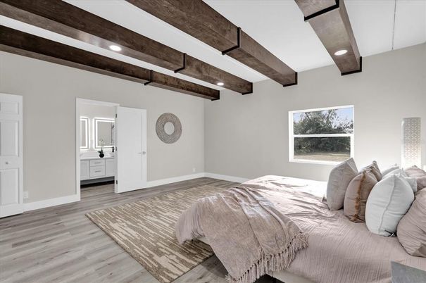 Bedroom, Interior, Recessed Lighting, Wooden Beams, Wood Texture Flooring