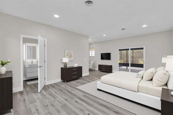 Bedroom, Interior, Recessed Lighting, Wood Texture Flooring