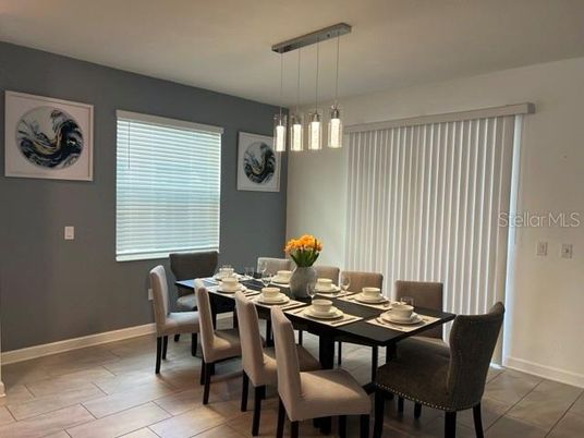 Dining room, Interior, Pendant Lights, Wood Texture Flooring