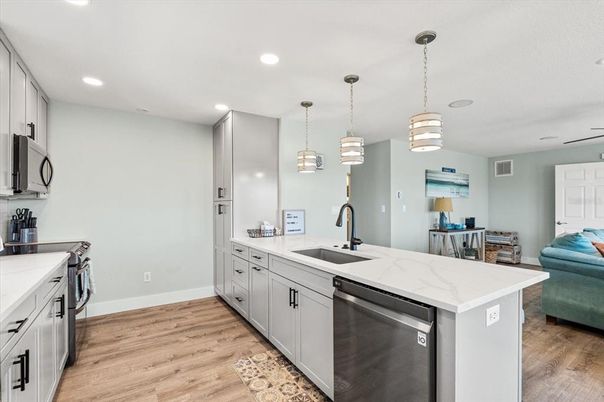 Interior, Kitchen, Pendant Lights, Recessed Lighting, Stainless Steel Appliances, Wood Texture Flooring