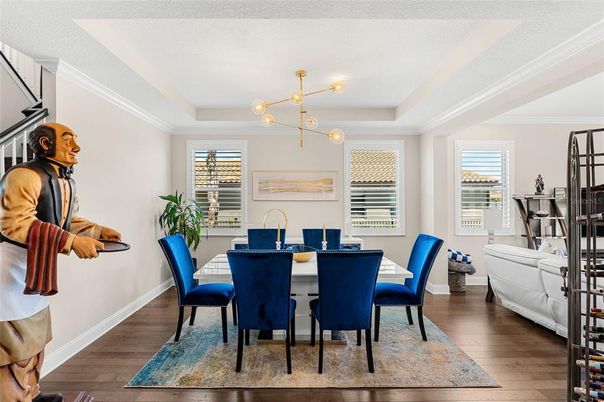 Dining room, Interior, Pendant Lights, Wood Texture Flooring