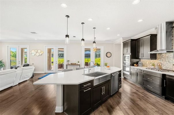Interior, Kitchen, Living room, Pendant Lights, Recessed Lighting, Wood Texture Flooring