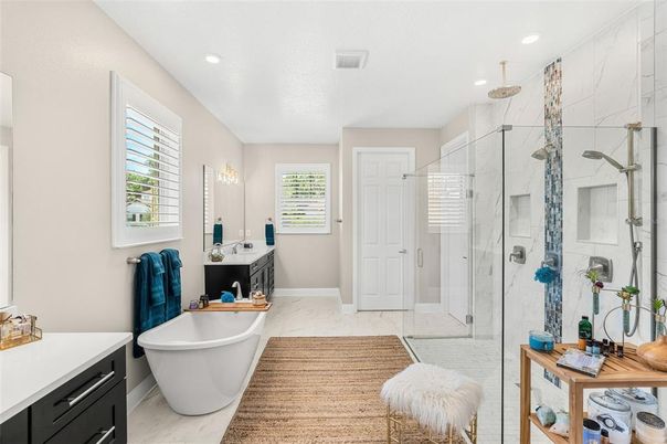 Bathroom, Free Standing Baths, Glass Shower, Interior, Marble, Marble Walls, Recessed Lighting