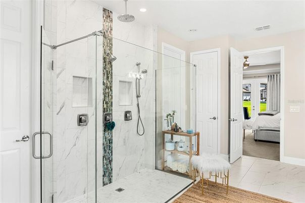 Bathroom, Bedroom, Glass Shower, Interior, Marble, Marble Walls, Recessed Lighting
