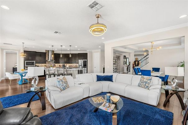 Dining room, Interior, Kitchen, Living room, Pendant Lights, Recessed Lighting, Stainless Steel Appliances, Wood Texture Flooring