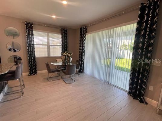 Dining room, Interior, Recessed Lighting, Wood Texture Flooring