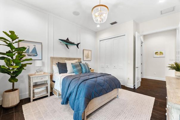 Bedroom, Chandelier, Interior, Recessed Lighting, Wood Texture Flooring