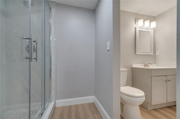 Bathroom, Glass Shower, Interior, Wood Texture Flooring