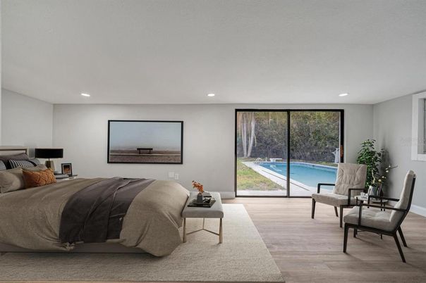 Bedroom, Interior, Recessed Lighting, Wood Texture Flooring