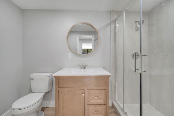Bathroom, Glass Shower, Interior, Wood Texture Flooring