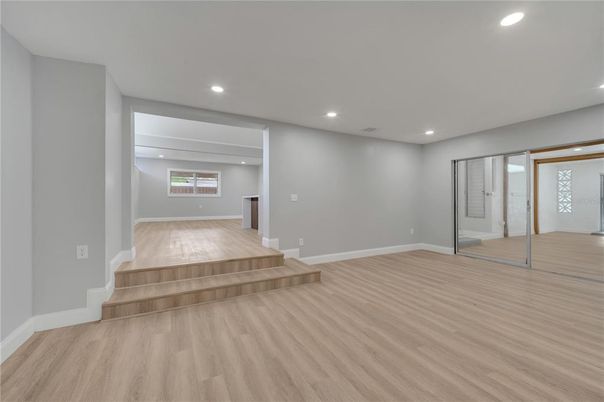 Empty room, Interior, Recessed Lighting, Wood Texture Flooring