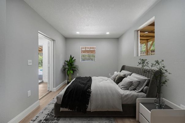 Bedroom, Interior, Recessed Lighting, Wood Texture Flooring