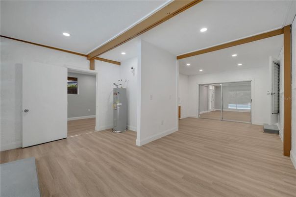 Empty room, Interior, Recessed Lighting, Wooden Beams, Wood Texture Flooring