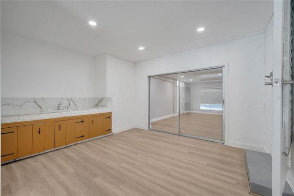 Empty room, Interior, Marble Walls, Recessed Lighting, Wood Texture Flooring