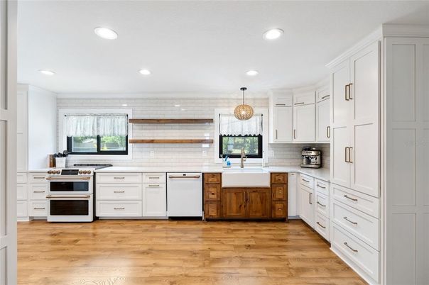 Interior, Kitchen, Pendant Lights, Recessed Lighting, Stainless Steel Appliances, Wood Texture Flooring