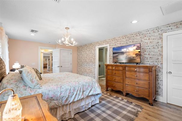 Bedroom, Chandelier, Interior, Recessed Lighting, Wood Texture Flooring
