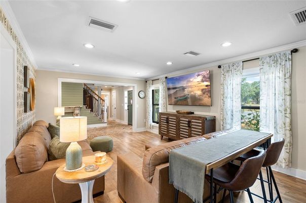 Dining room, Interior, Living room, Recessed Lighting, Wood Texture Flooring