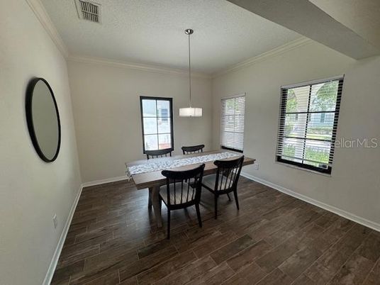 Dining room, Interior, Pendant Lights, Wood Texture Flooring