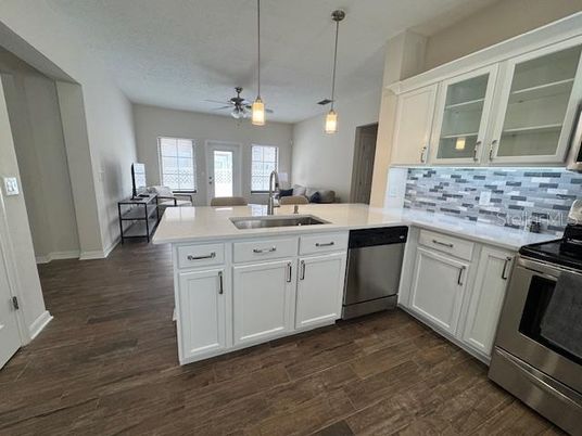 Interior, Kitchen, Pendant Lights, Stainless Steel Appliances, Wood Texture Flooring