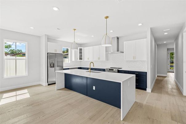Interior, Kitchen, Pendant Lights, Recessed Lighting, Stainless Steel Appliances, Wood Texture Flooring