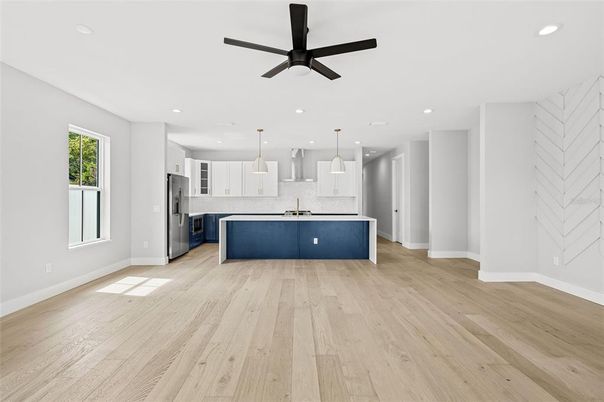 Interior, Kitchen, Pendant Lights, Recessed Lighting, Stainless Steel Appliances, Wood Texture Flooring