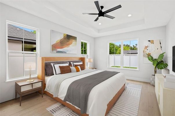 Bedroom, Interior, Recessed Lighting, Wood Texture Flooring