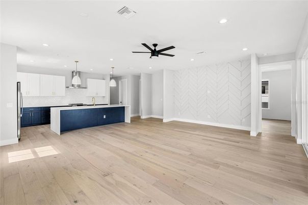 Interior, Kitchen, Pendant Lights, Recessed Lighting, Wood Texture Flooring