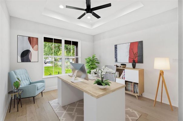 Home Office, Interior, Recessed Lighting, Wood Texture Flooring