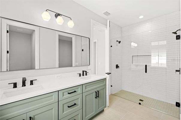 Bathroom, Dual Sink Vanities, Glass Shower, Interior, Recessed Lighting