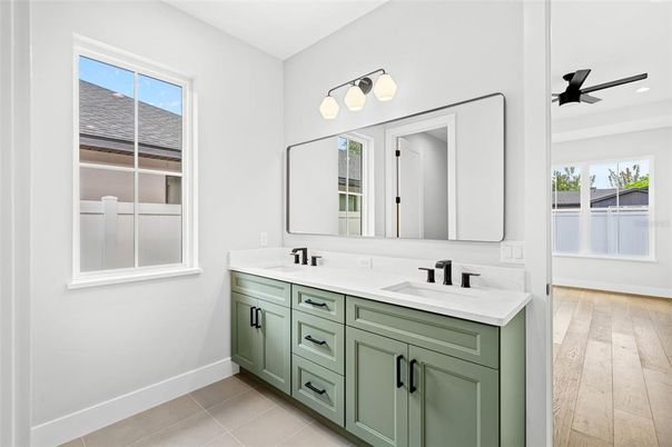 Bathroom, Dual Sink Vanities, Interior, Recessed Lighting, Wood Texture Flooring