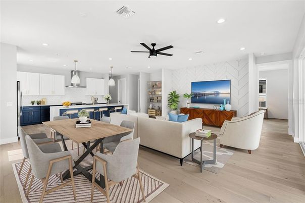 Dining room, Interior, Kitchen, Living room, Pendant Lights, Recessed Lighting, Wood Texture Flooring