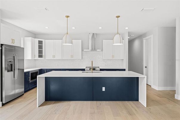 Interior, Kitchen, Pendant Lights, Recessed Lighting, Stainless Steel Appliances, Wood Texture Flooring