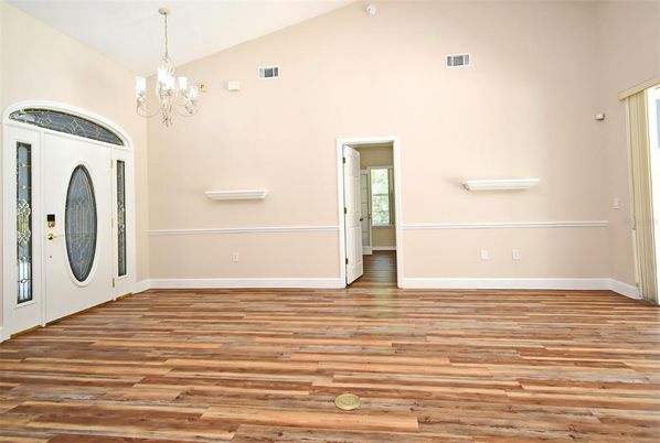 Chandelier, Empty room, Interior, Wood Texture Flooring