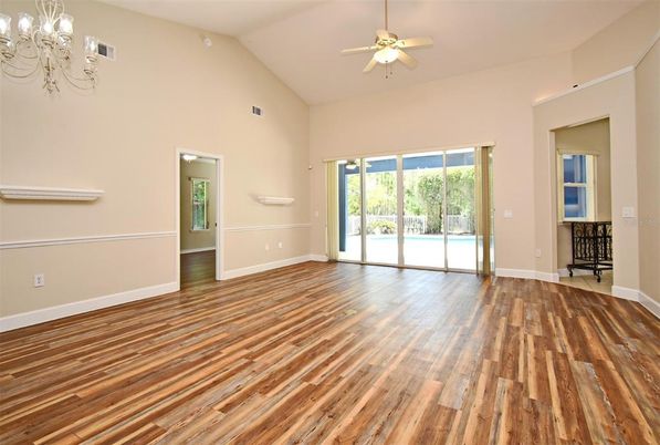 Chandelier, Empty room, Interior, Wood Texture Flooring