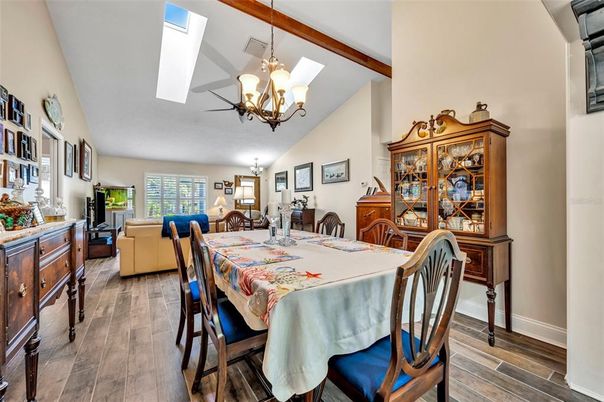 Chandelier, Dining room, Interior, Living room, Wooden Beams, Wood Texture Flooring