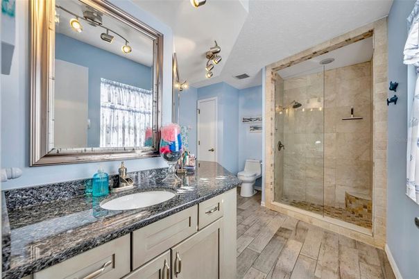 Bathroom, Glass Shower, Interior, Wood Texture Flooring