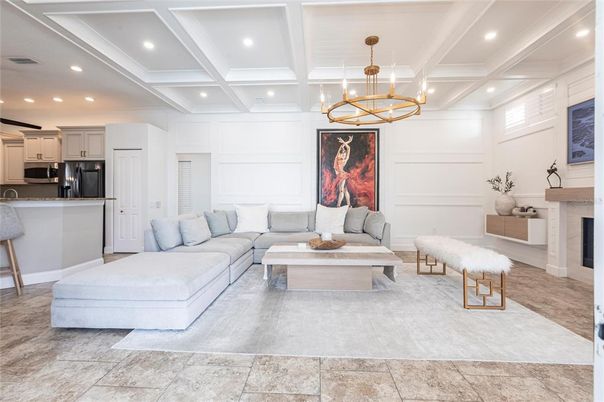 Fireplace, Interior, Kitchen, Living room, Pendant Lights, Recessed Lighting