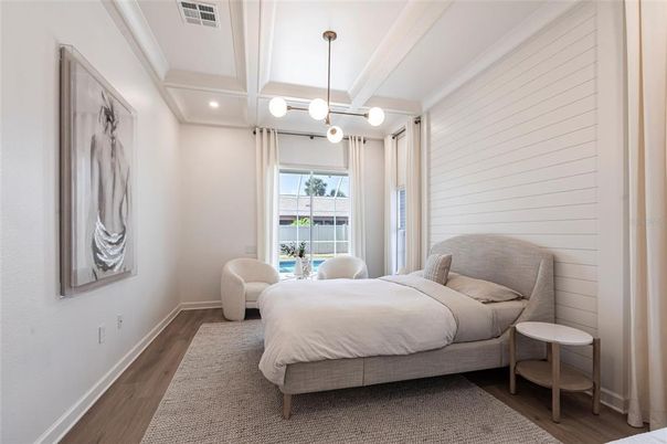 Bedroom, Interior, Pendant Lights, Recessed Lighting, Wood Texture Flooring