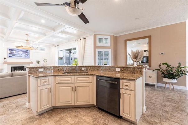 Fireplace, Interior, Kitchen, Living room, Recessed Lighting
