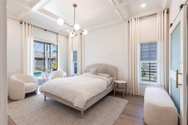 Bedroom, Interior, Pendant Lights, Recessed Lighting, Wood Texture Flooring
