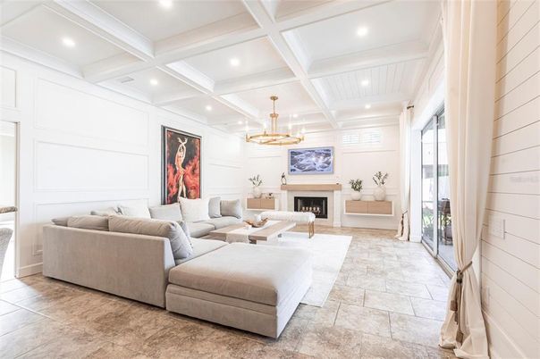 Chandelier, Fireplace, Interior, Living room, Recessed Lighting
