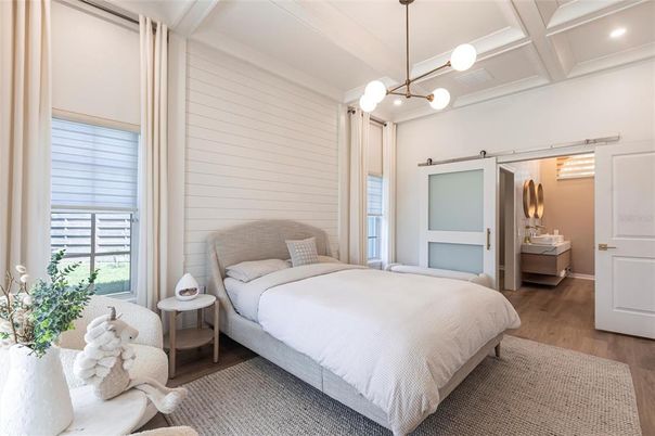 Bedroom, Interior, Pendant Lights, Recessed Lighting, Wood Texture Flooring