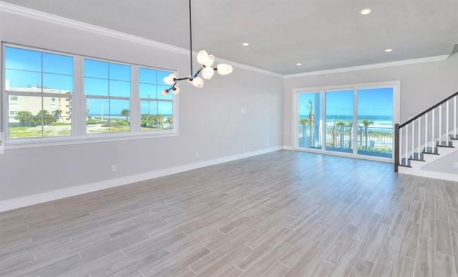 Empty room, Interior, Pendant Lights, Recessed Lighting, Wood Texture Flooring